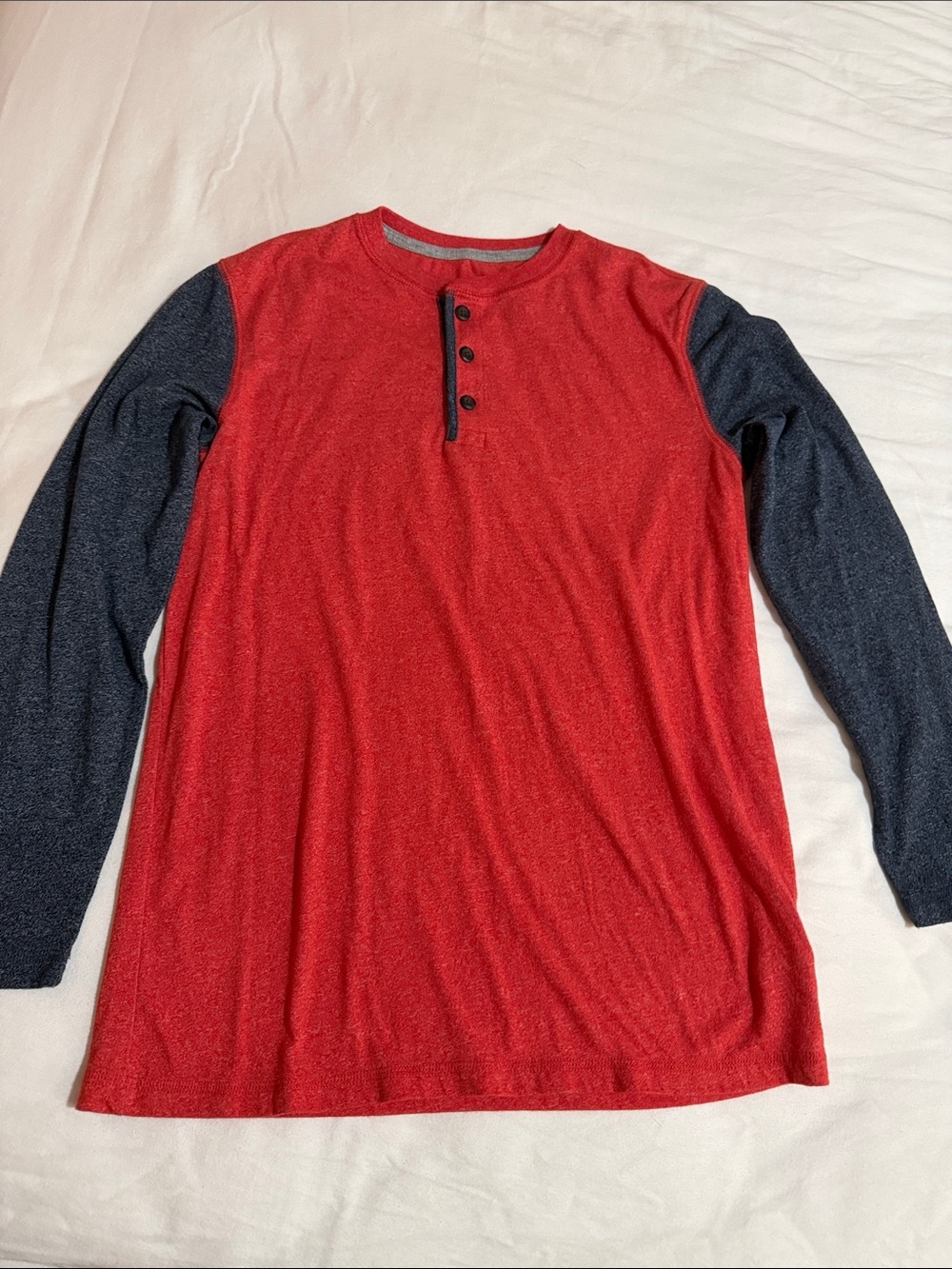 Boy's Long-Sleeve Henley Shirt in Red with Navy Sleeves